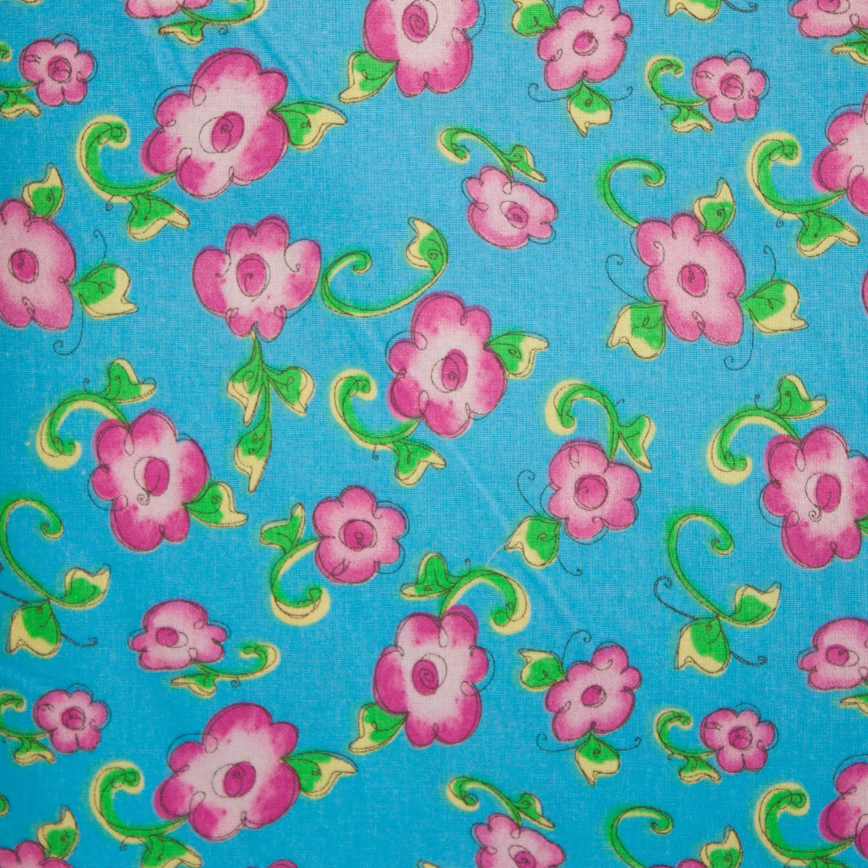 Katoen blauw met roze bloemen
